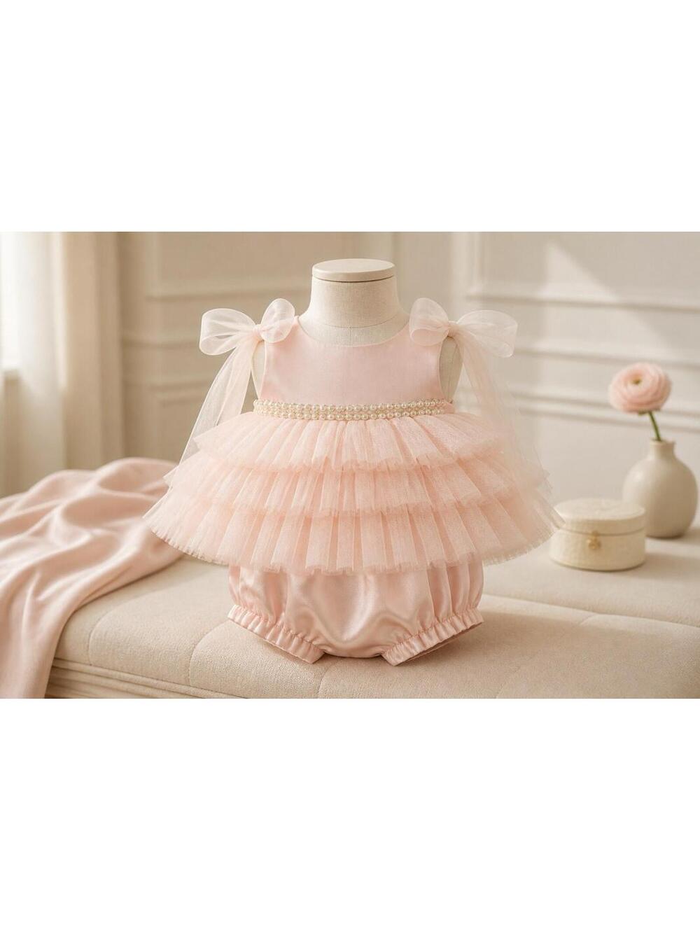 Princess Collection Baby Girl Dress 6M Pink Tulle Ruffle Satin Romper Pearl